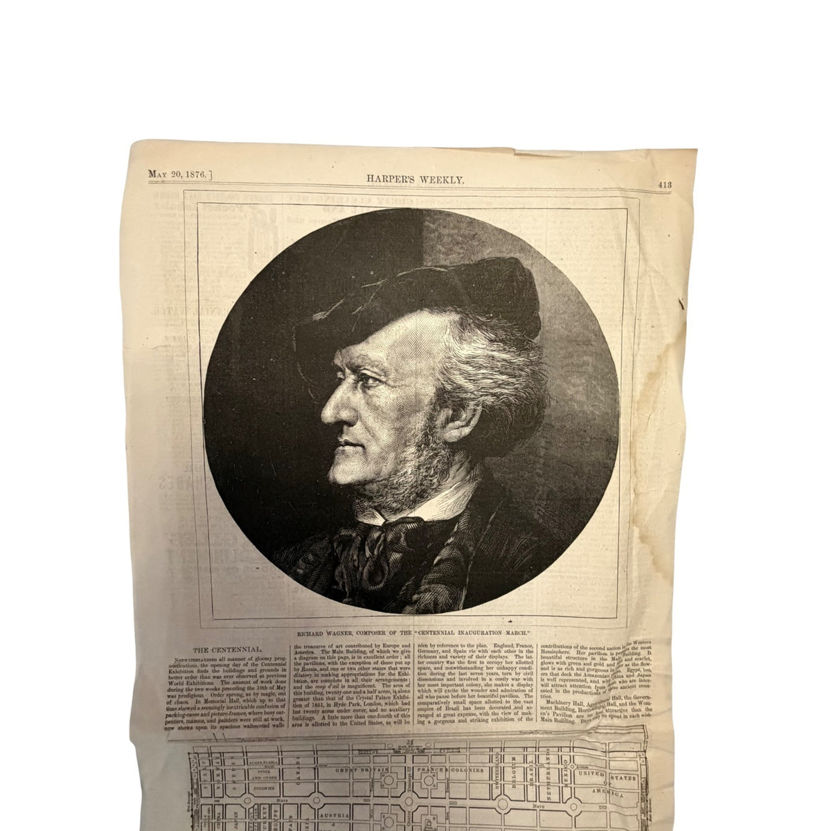 Antique 1876 Harper’s Weekly Richard Wagner Portrait Centennial Exposition Floor Plan