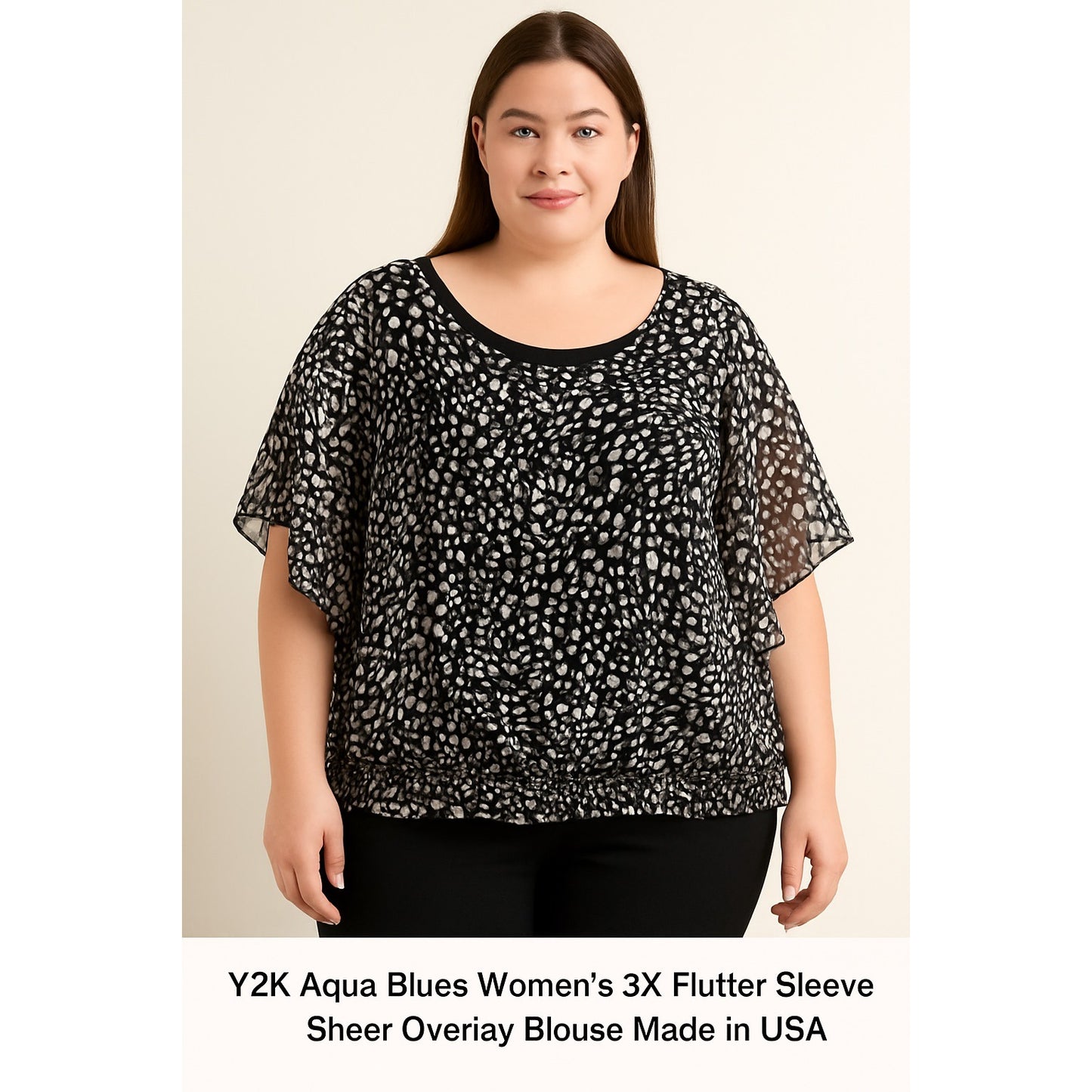 Y2K Aqua Blues Women’s 3X Flutter Sleeve Sheer Overlay Blouse Black White Animal Print Made in USA
