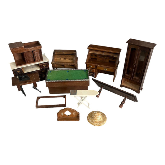 Vintage Wooden Dollhouse Furniture Lot Miniature Office Sewing Pool Table Mixed Pieces