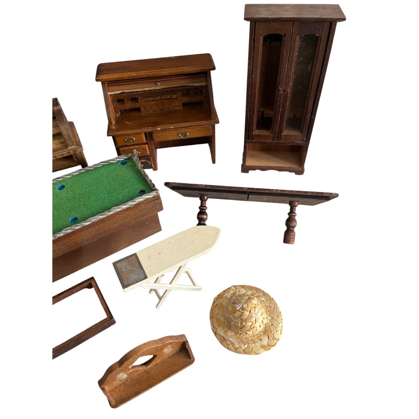 Vintage Wooden Dollhouse Furniture Lot Miniature Office Sewing Pool Table Mixed Pieces