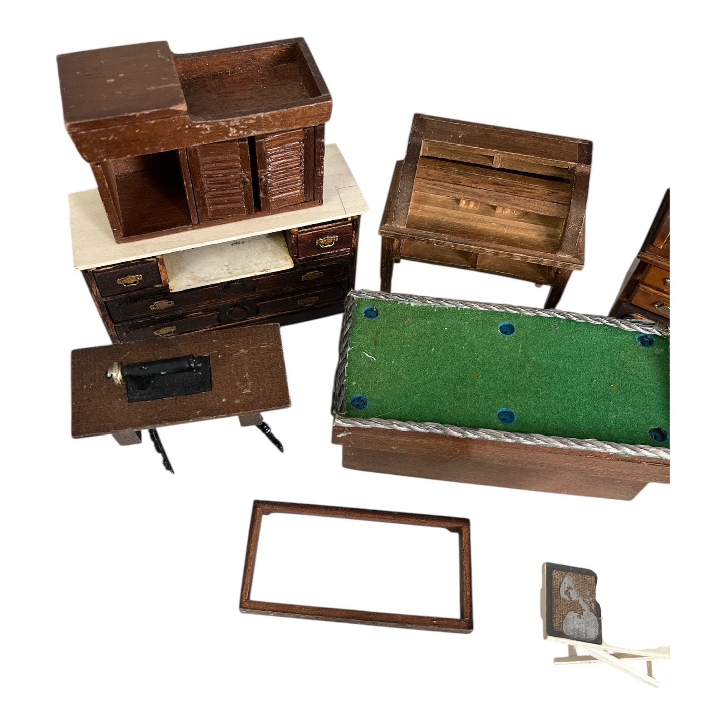Vintage Wooden Dollhouse Furniture Lot Miniature Office Sewing Pool Table Mixed Pieces