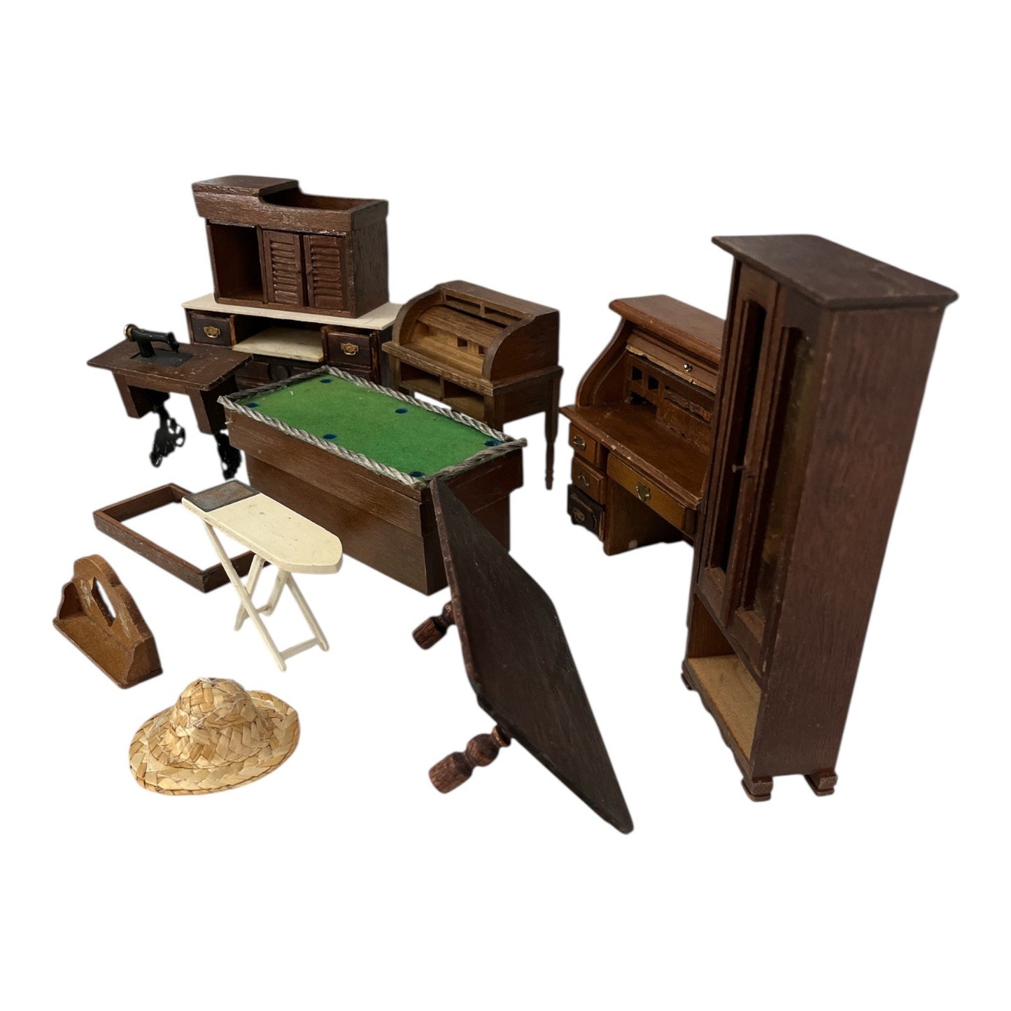 Vintage Wooden Dollhouse Furniture Lot Miniature Office Sewing Pool Table Mixed Pieces