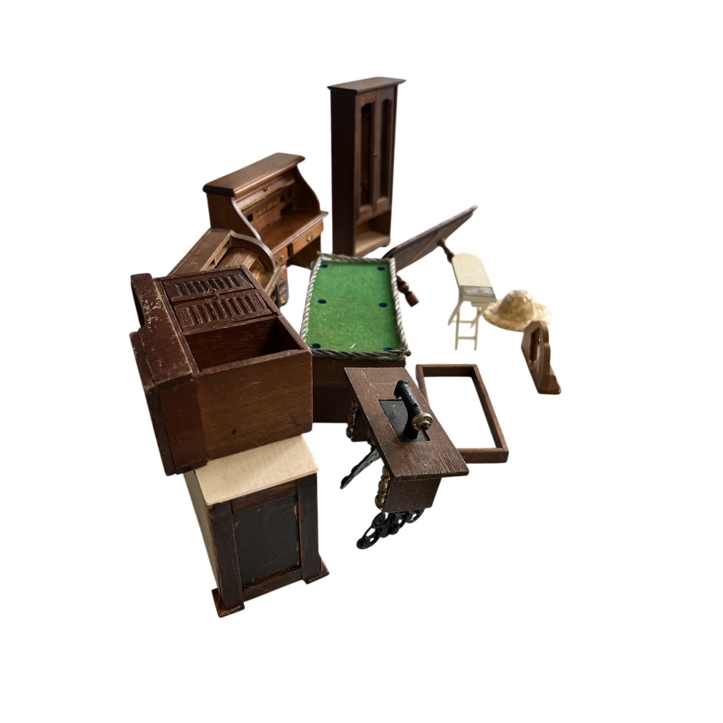 Vintage Wooden Dollhouse Furniture Lot Miniature Office Sewing Pool Table Mixed Pieces