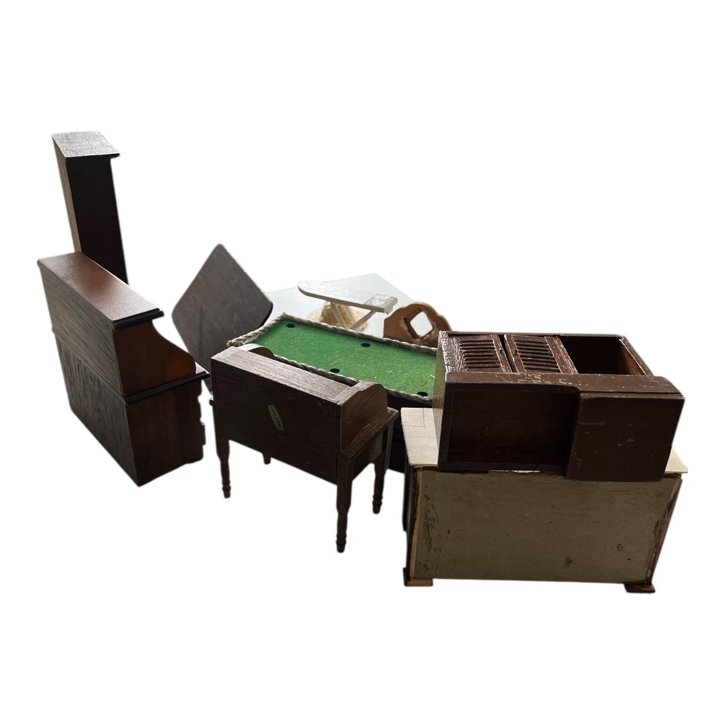 Vintage Wooden Dollhouse Furniture Lot Miniature Office Sewing Pool Table Mixed Pieces