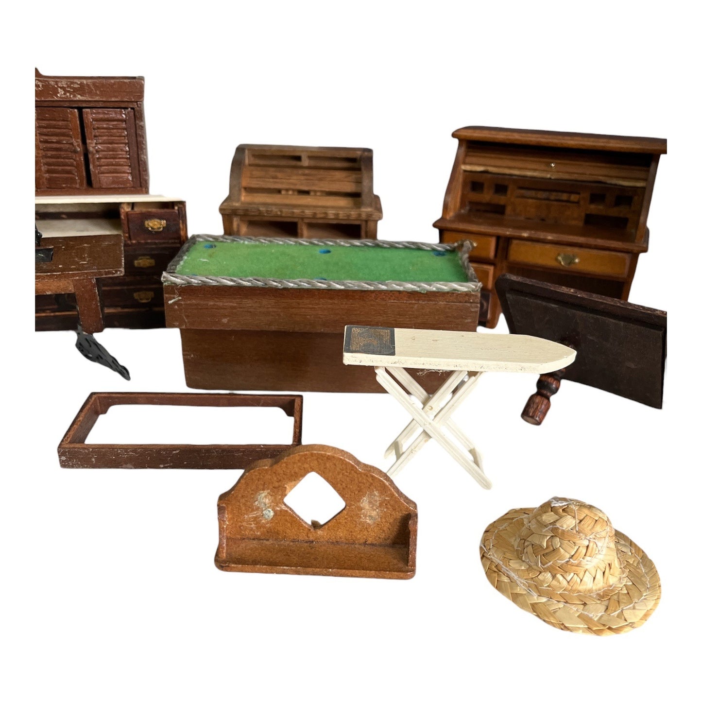 Vintage Wooden Dollhouse Furniture Lot Miniature Office Sewing Pool Table Mixed Pieces