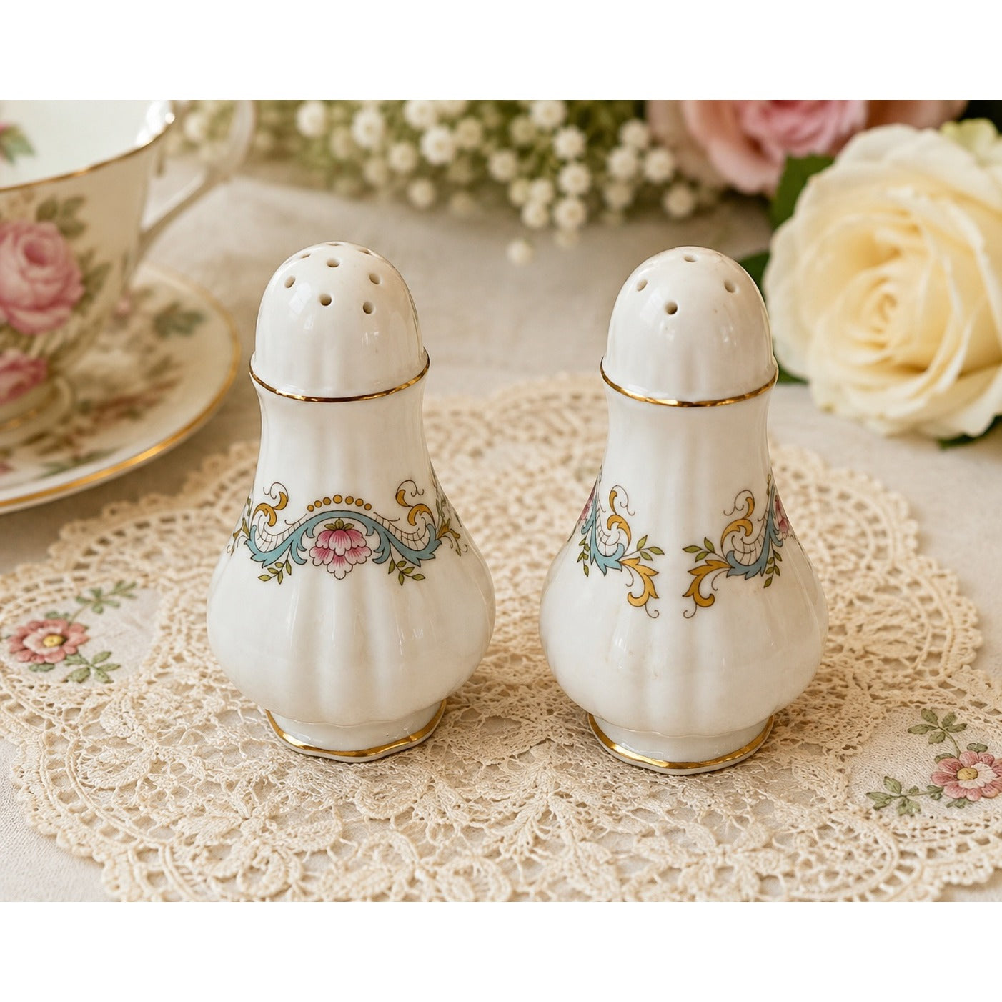 Vintage Paragon Fine Bone China Salt & Pepper Shakers England Floral Gold Trim Set