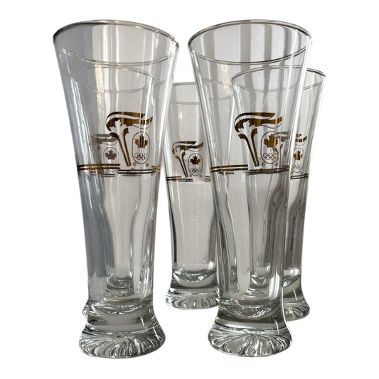 1988 Calgary Olympics Beer Glass Set 5 Petro Canada Promo 22K Gold Pilsner Glasses