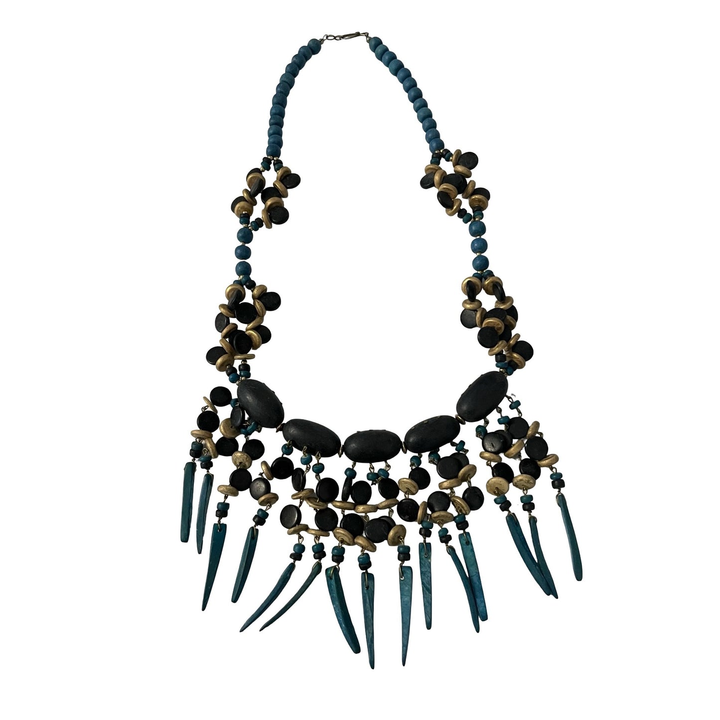 Boho Statement Necklace Wood Bead Fringe Bib Necklace Blue Black Gold Tone 20”
