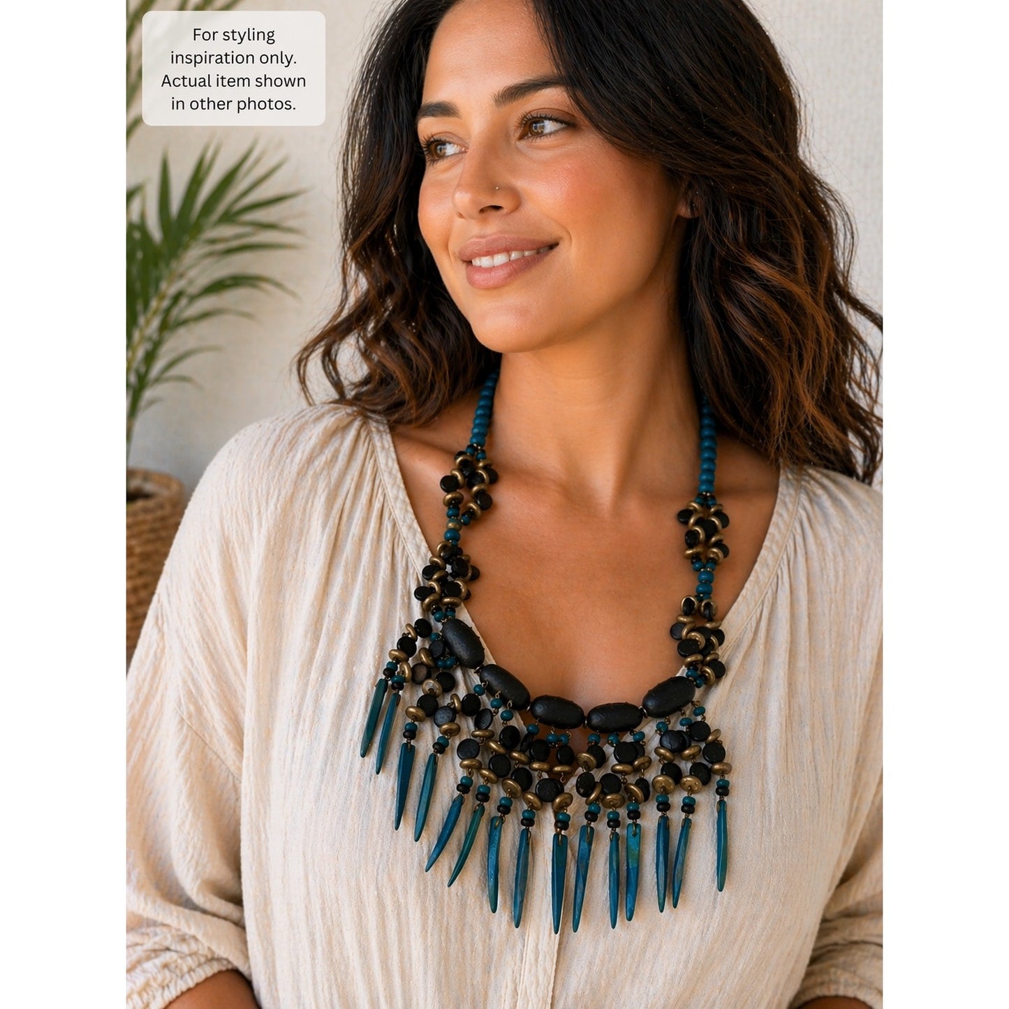 Boho Statement Necklace Wood Bead Fringe Bib Necklace Blue Black Gold Tone 20”