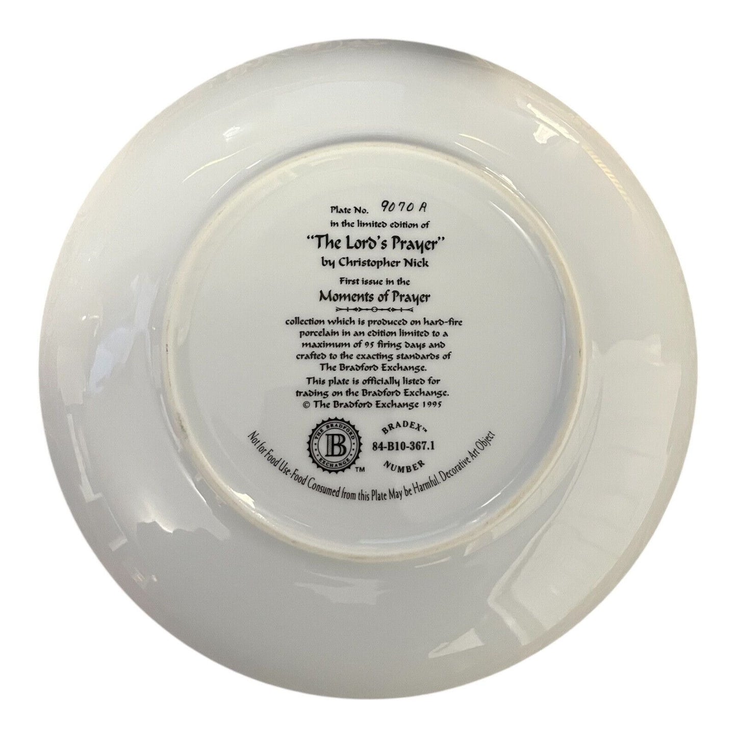 Bradford Exchange THE LORD'S PRAYER Plate – Christopher Nick – 1995 – Moments of Prayer Series – No. 9070A