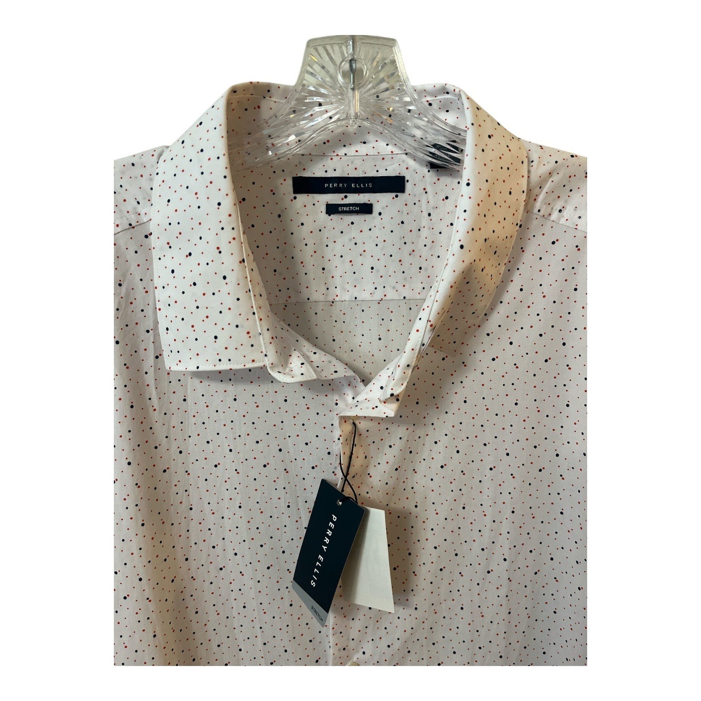 Perry Ellis Stretch Button Front Shirt XXL White Blue Red Dot NWT Cotton Blend
