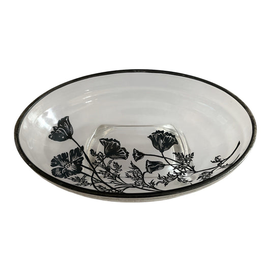 Vintage 1950s Silver Overlay Oval Bowl – Floral Design, Aged Patina, Tiny Flaws – 10x7