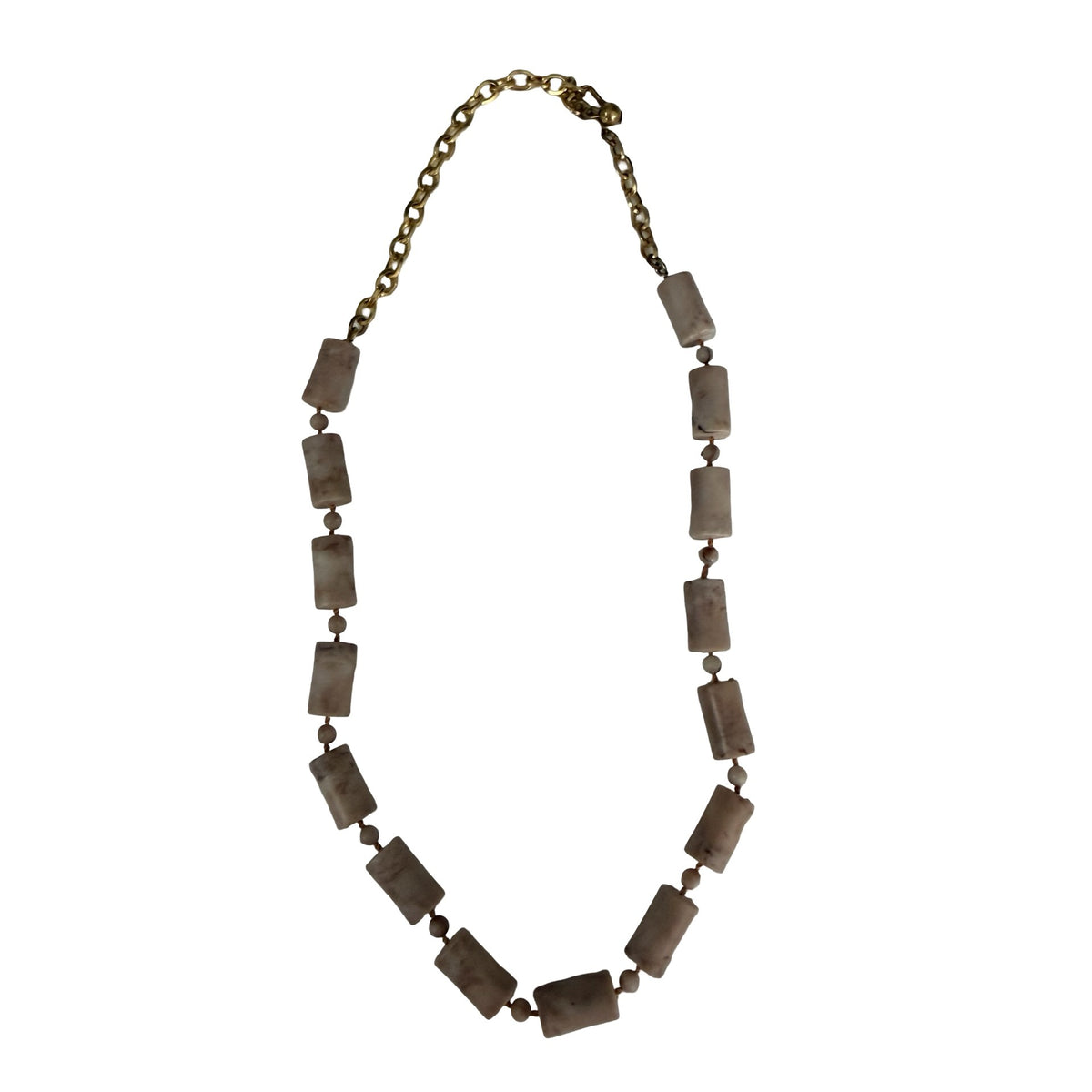 Cream Marbled Resin Bead Necklace Gold Tone Chain Minimalist 16"