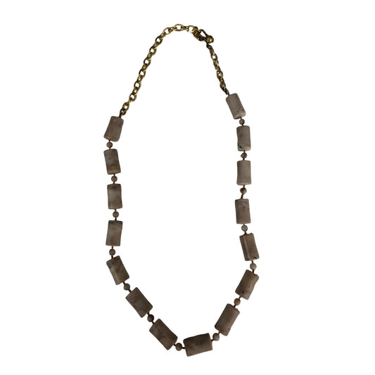 Cream Marbled Resin Bead Necklace Gold Tone Chain Minimalist 16"
