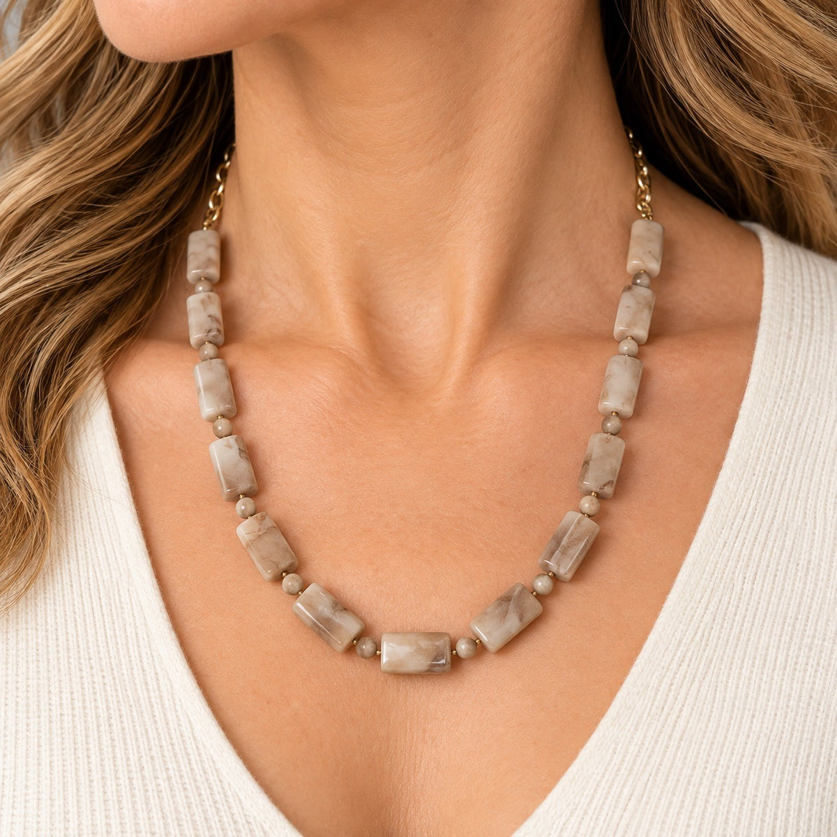 Cream Marbled Resin Bead Necklace Gold Tone Chain Minimalist 16"