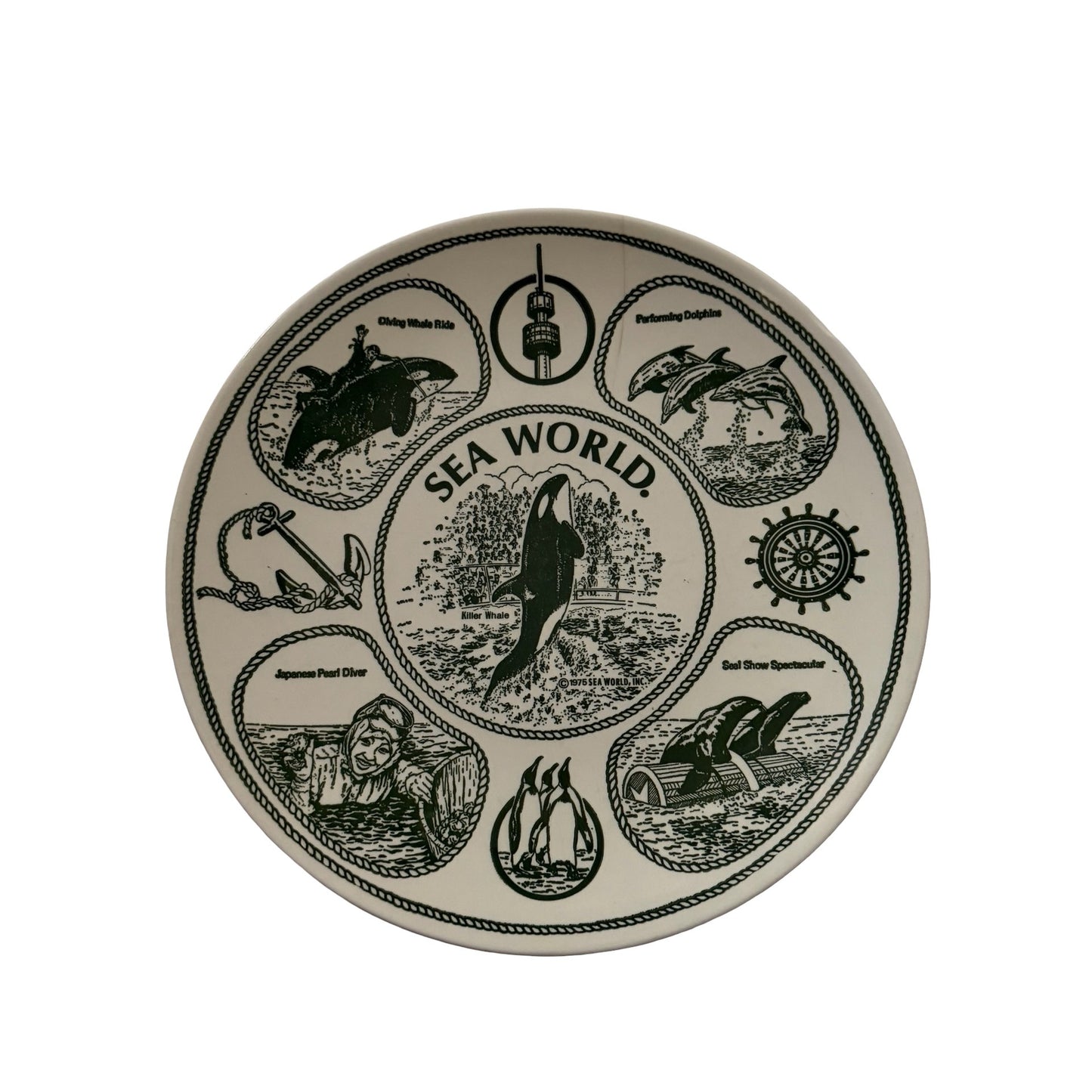 Vintage 1975 Sea World Shamu Souvenir Plate Green Transferware Enco National