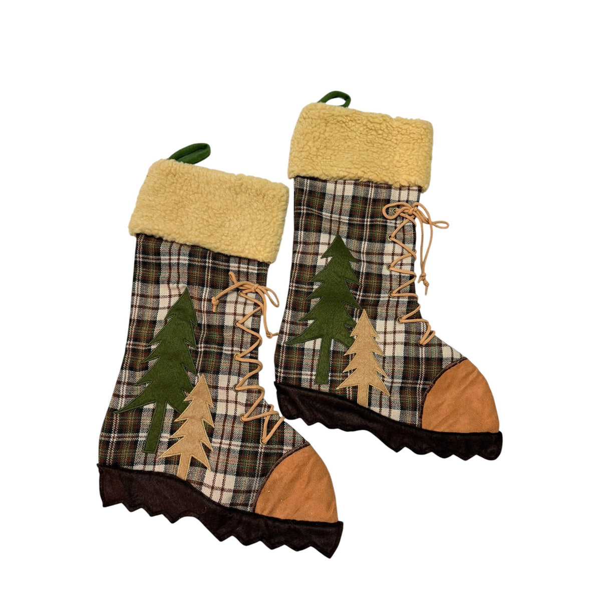 Plaid Hiking Boot Christmas Stockings Set of 2 Rustic Lodge Sherpa Trees 18 Inch