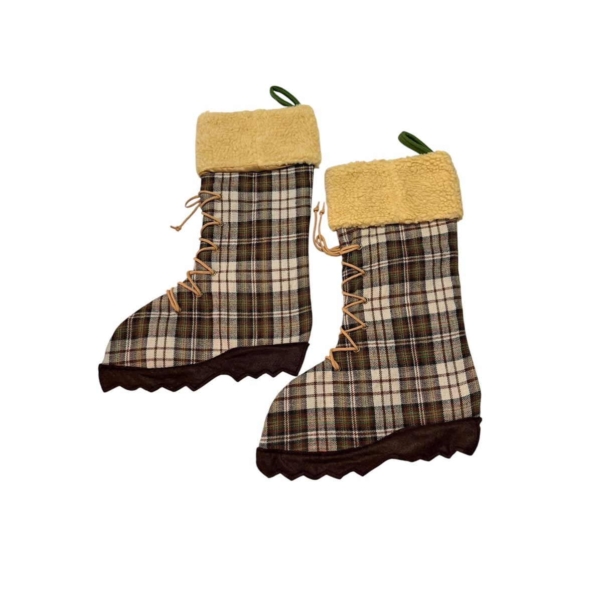 Plaid Hiking Boot Christmas Stockings Set of 2 Rustic Lodge Sherpa Trees 18 Inch