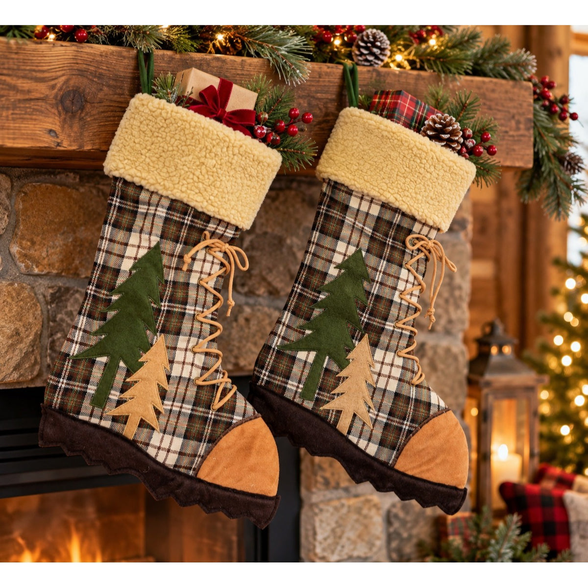 Plaid Hiking Boot Christmas Stockings Set of 2 Rustic Lodge Sherpa Trees 18 Inch