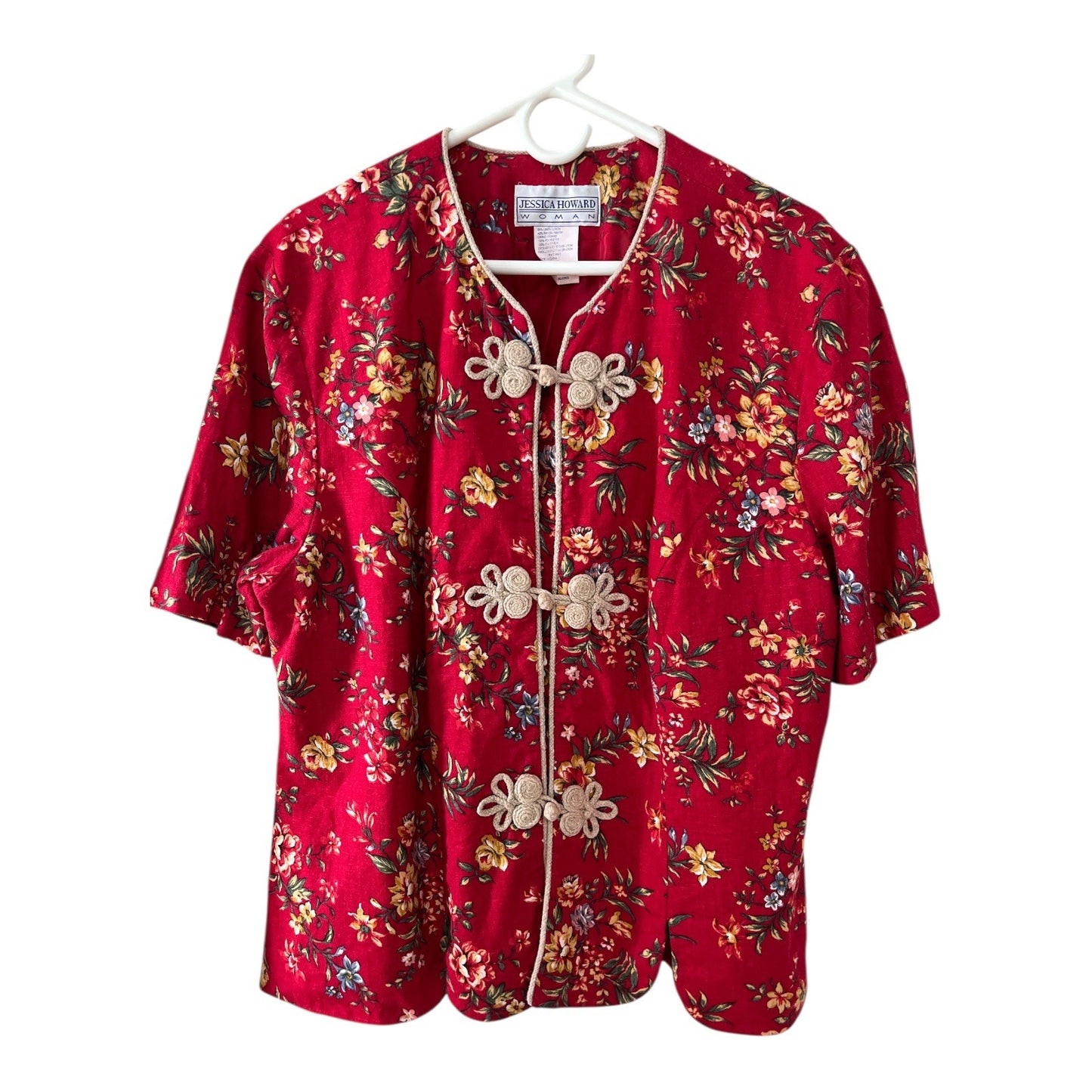 Jessica Howard Woman Red Floral Linen Blend Short Sleeve Jacket Size 22