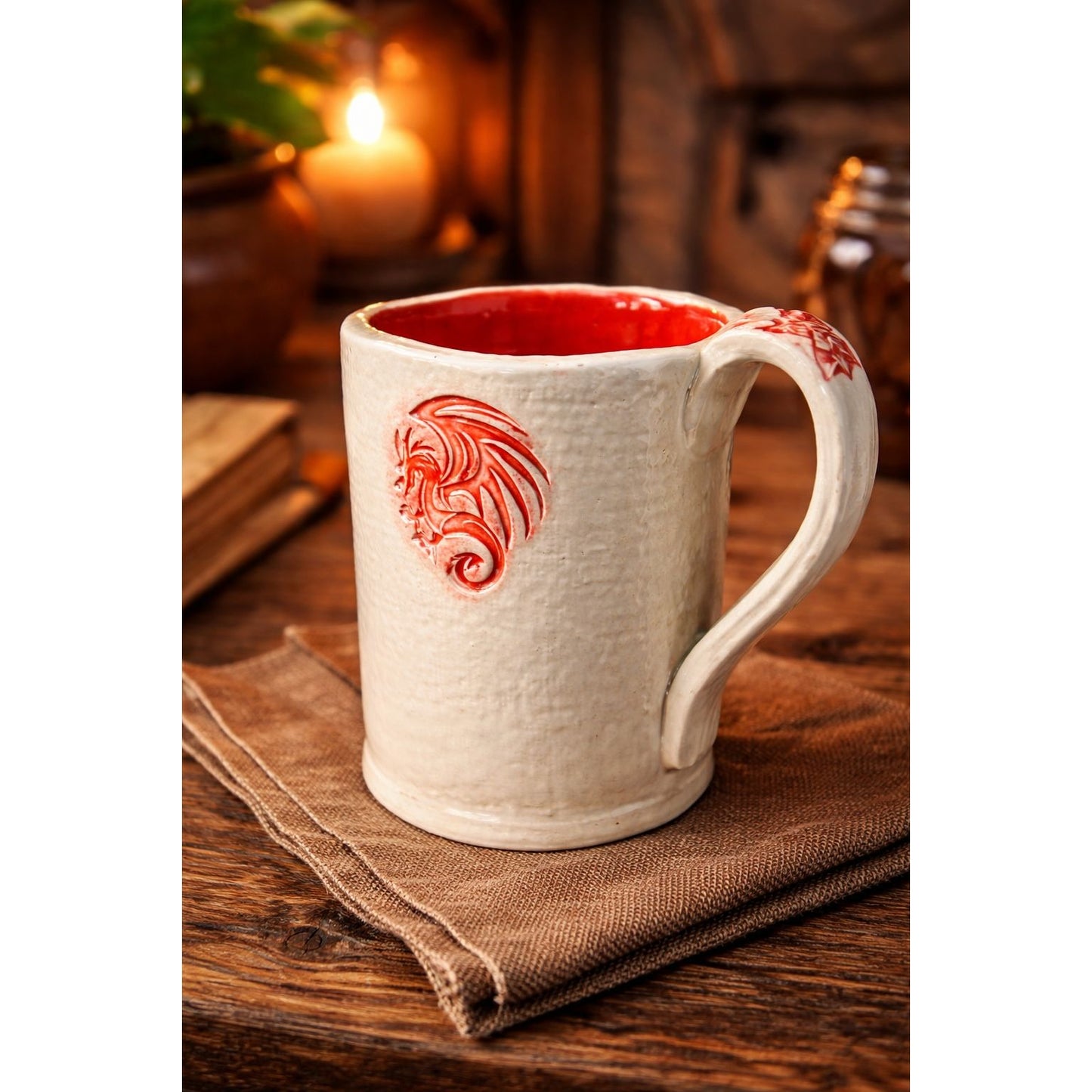 Vintage Y2K Handmade Studio Pottery Dragon Mug Red Interior Artisan Ceramic Cup DSP Mark