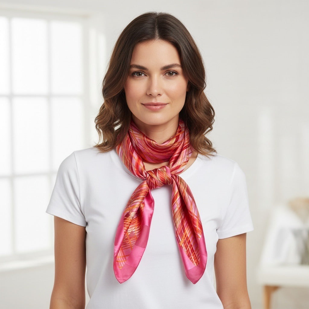 Vintage Korean-Made Pink Geometric Scarf 59” x 13” – Retro Striped Pattern