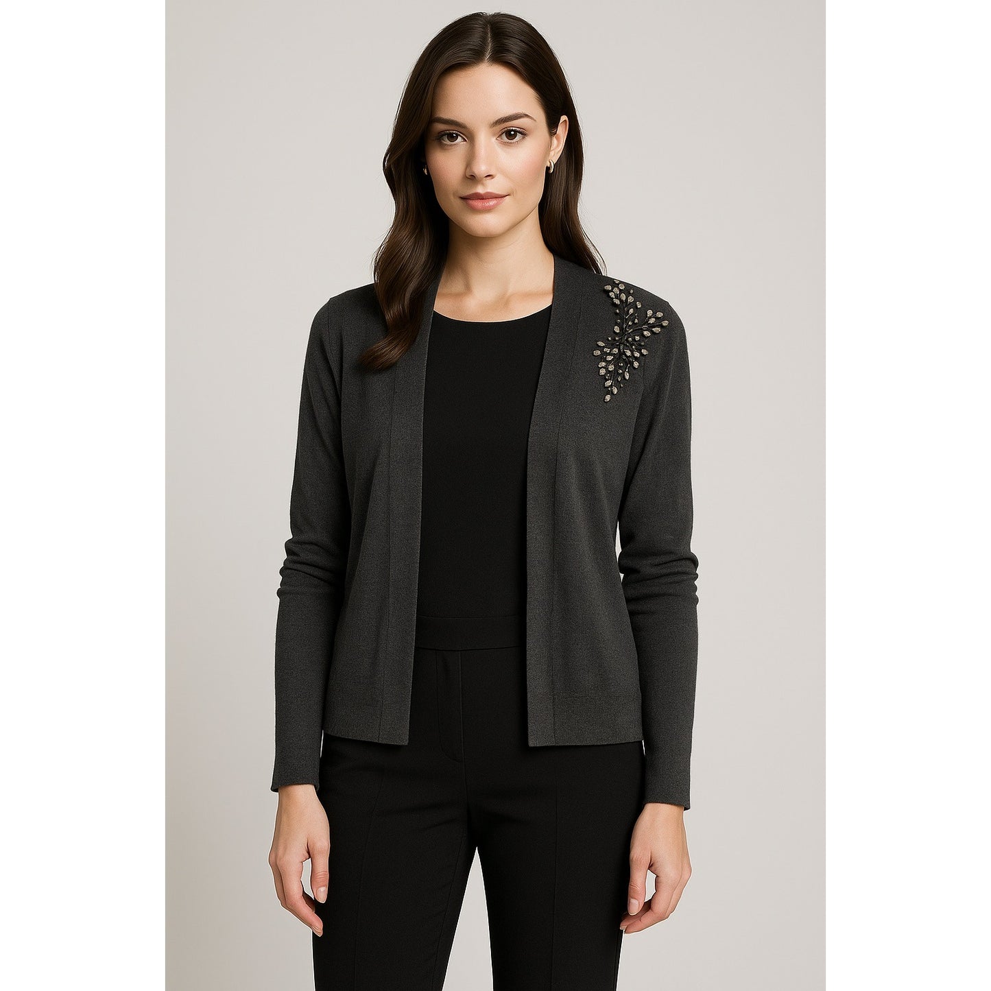GAP Women’s Embellished Shoulder Cardigan – Charcoal Gray Silk Blend – Size M