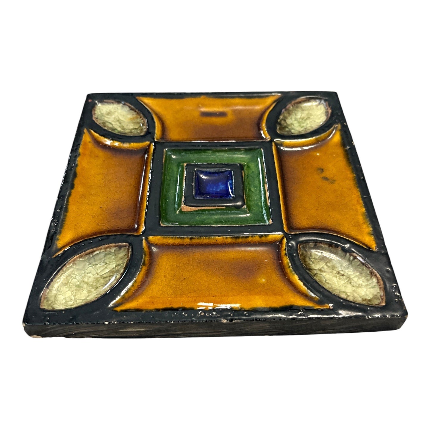 Vintage Portuguese Art Tile Wall Plaque – Mid-Century Modern Geometric Design – 6.25" – Made in Portugal