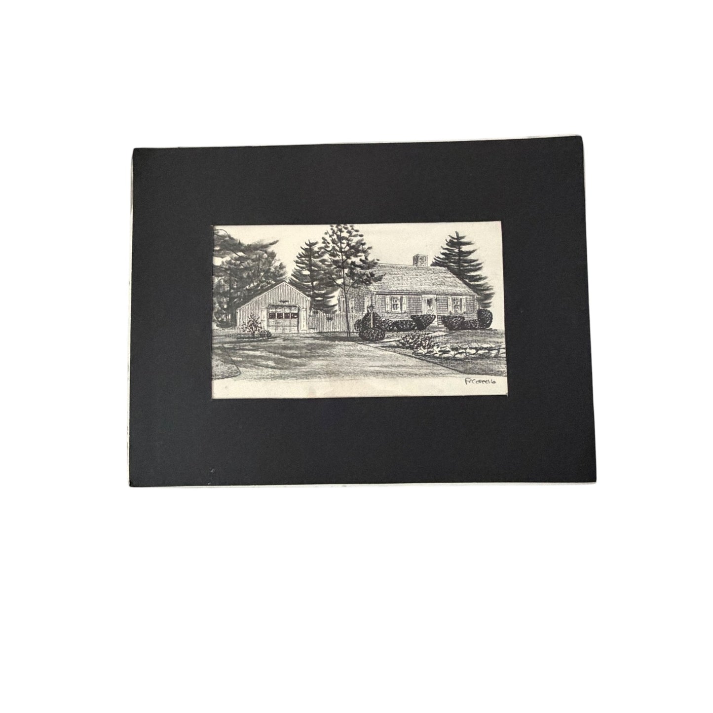 Vintage P. Costella Original Pencil House Portrait 17 Merrow Rd Potter Lynnfield MA Matted Art