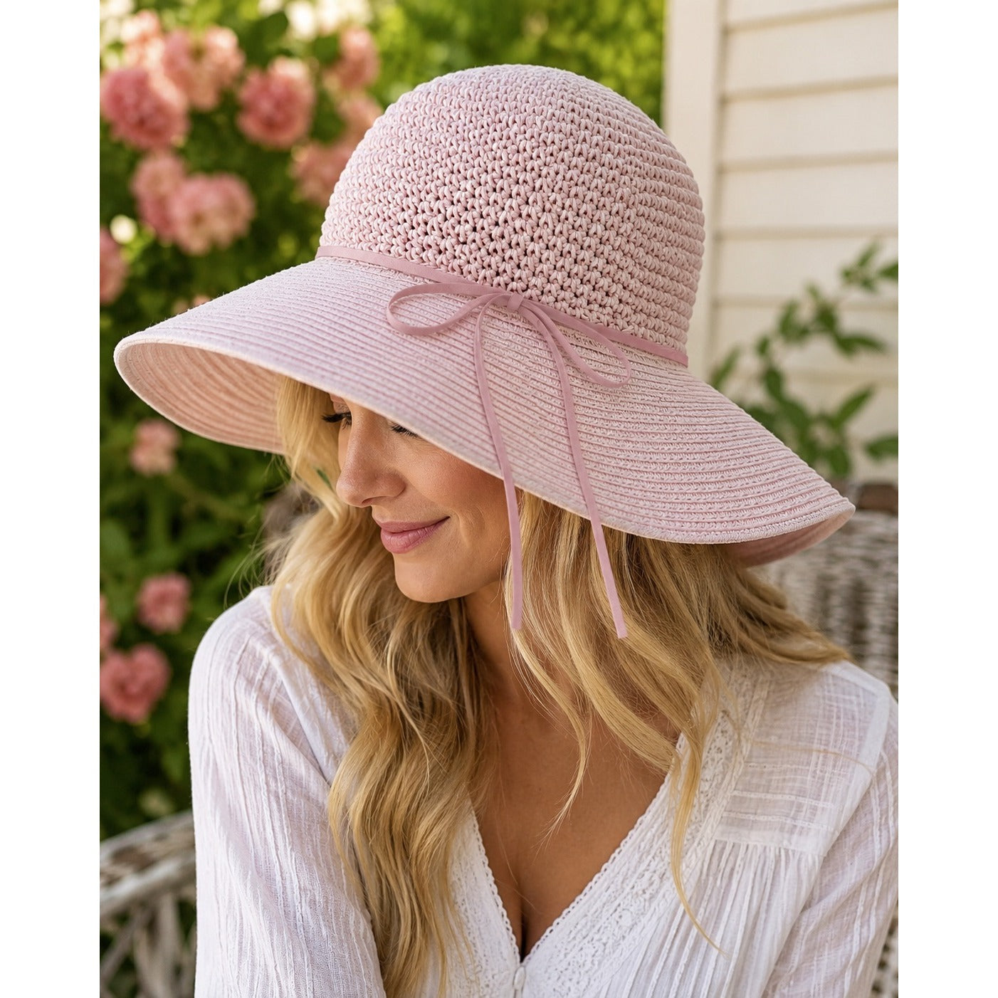 Vintage Sun 'N' Sand Casual Accessories Wide Brim Crochet Sun Hat Pink 22" Bendable Brim
