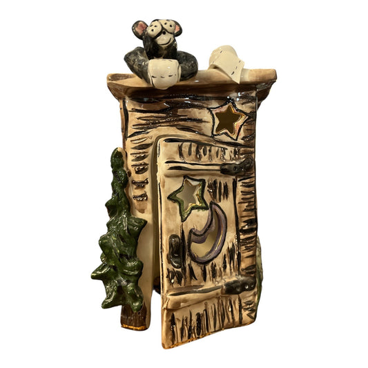 Blue Sky Clayworks Heather Goldminc Ceramic Outhouse Luminary – Hand-Painted Bear Figure – Rustic Cabin Decor – Early 2000s