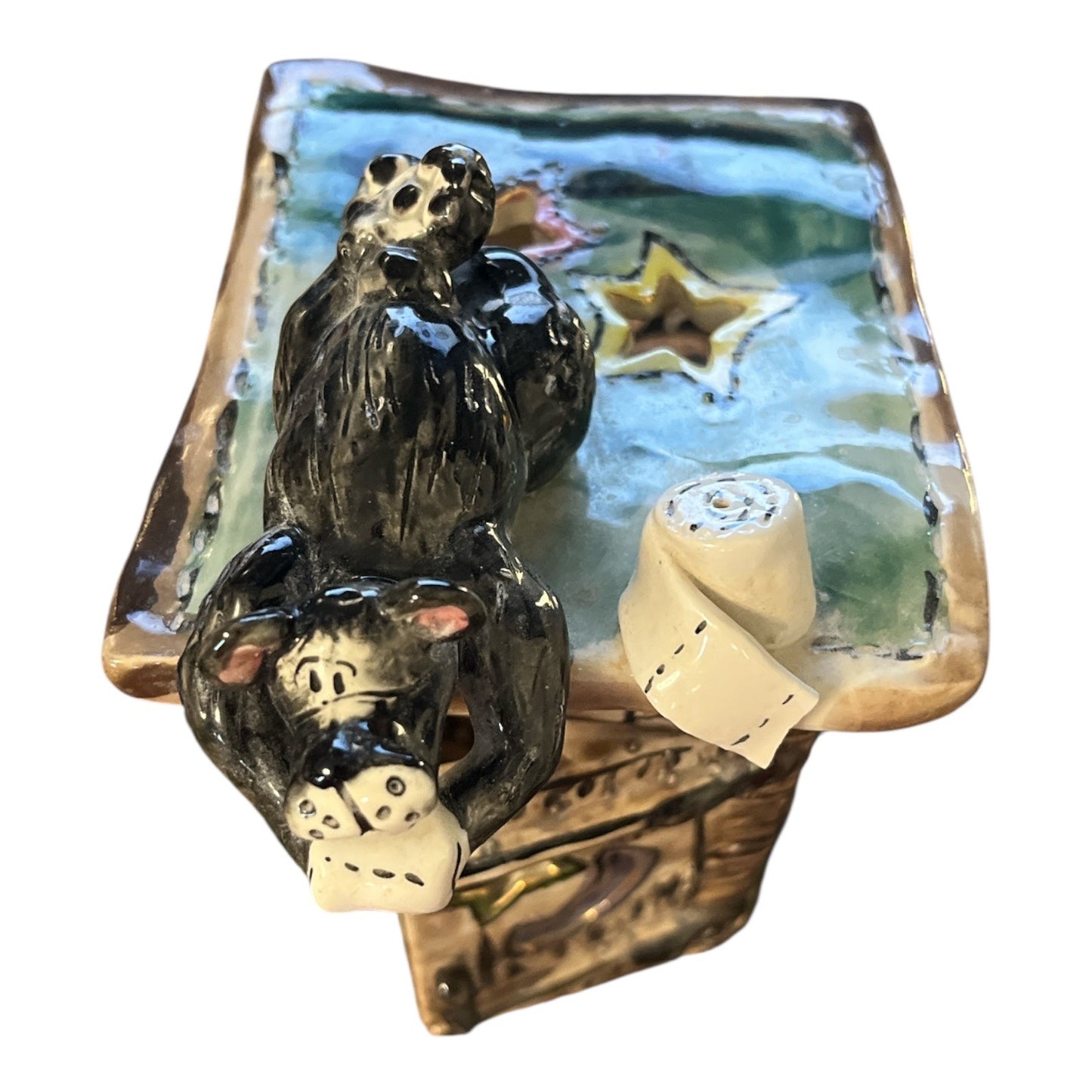 Blue Sky Clayworks Heather Goldminc Ceramic Outhouse Luminary – Hand-Painted Bear Figure – Rustic Cabin Decor – Early 2000s