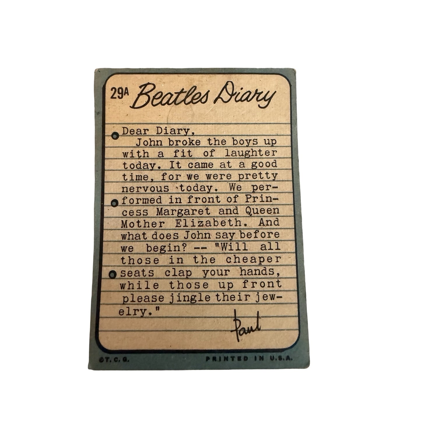 Vintage Beatles Diary Card #29A John Lennon Trading Card T.C.G. Printed in USA