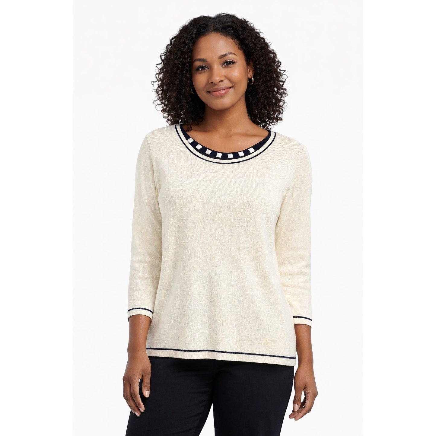 Alfred Dunner Women’s M Cream Sweater Beaded Neckline Needs Stitch Repair Vintage Style Top