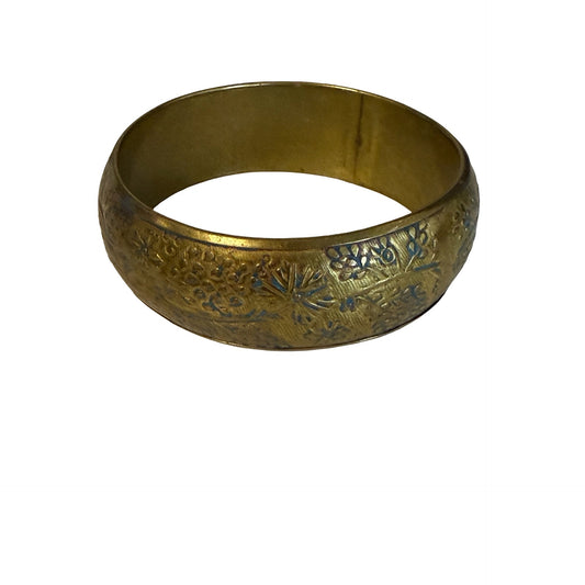 Vintage Embossed Floral Brass Bangle Bracelet Blue Patina 2.5 Inch Boho