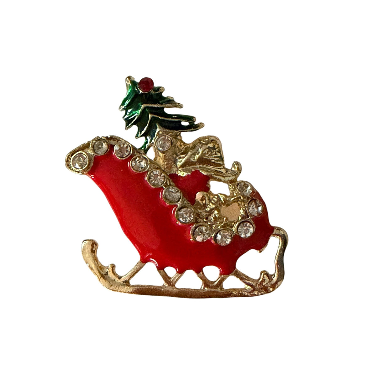 Vintage Christmas Sleigh Brooch Red Enamel Rhinestone Holly Gold Tone Pin