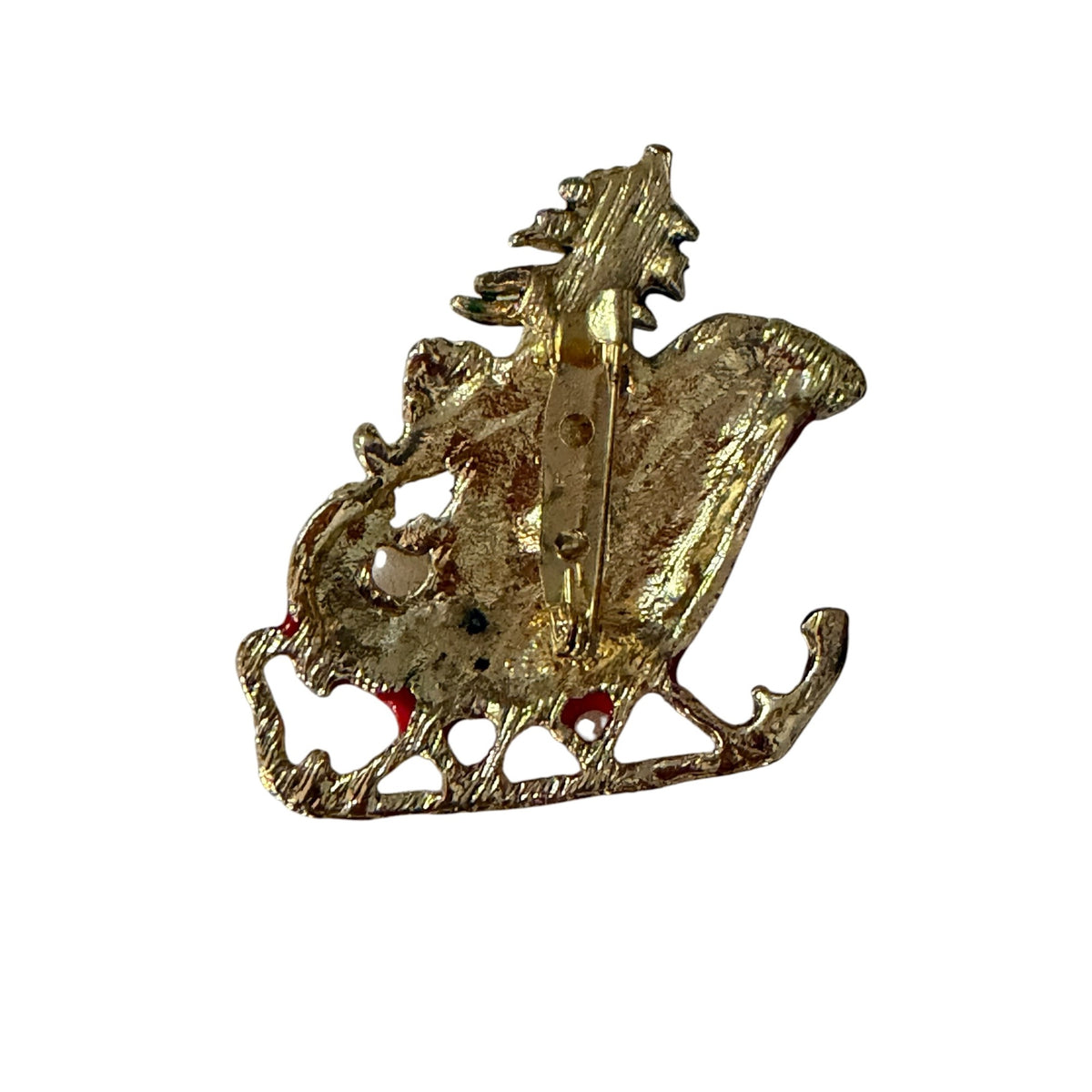 Vintage Christmas Sleigh Brooch Red Enamel Rhinestone Holly Gold Tone Pin