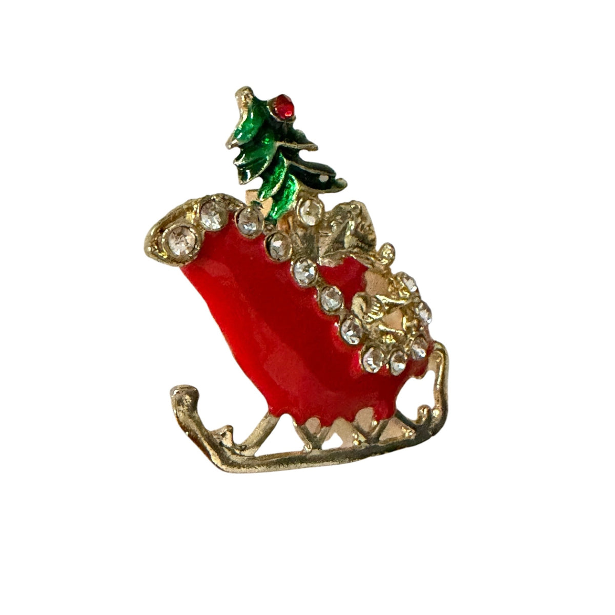 Vintage Christmas Sleigh Brooch Red Enamel Rhinestone Holly Gold Tone Pin