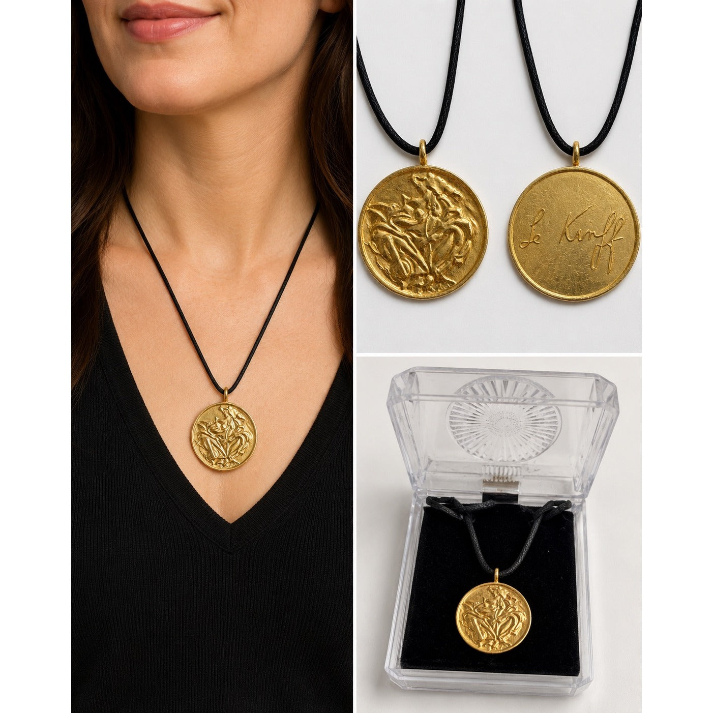 Linda Le Kinff Woman Gold Vermeil Bronze Medallion Necklace Signed Art Pendant