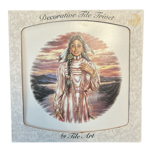 Vintage Decorative Tile Trivet Native American Portrait Sunset Scene 8 Inch USA Made Tile Art
