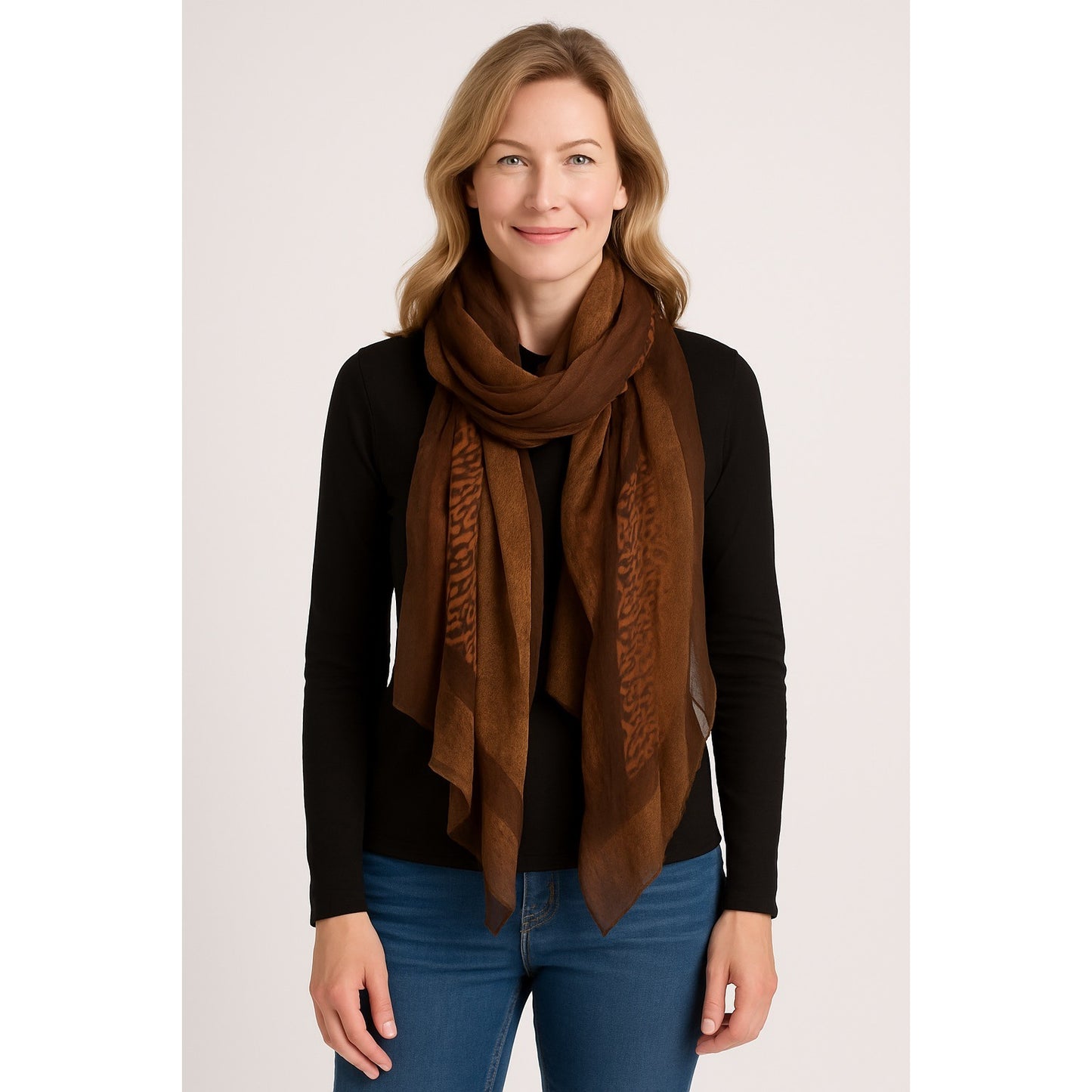 Vtg Brown Animal Print Crinkle Scarf 100% Viscose India 70x42