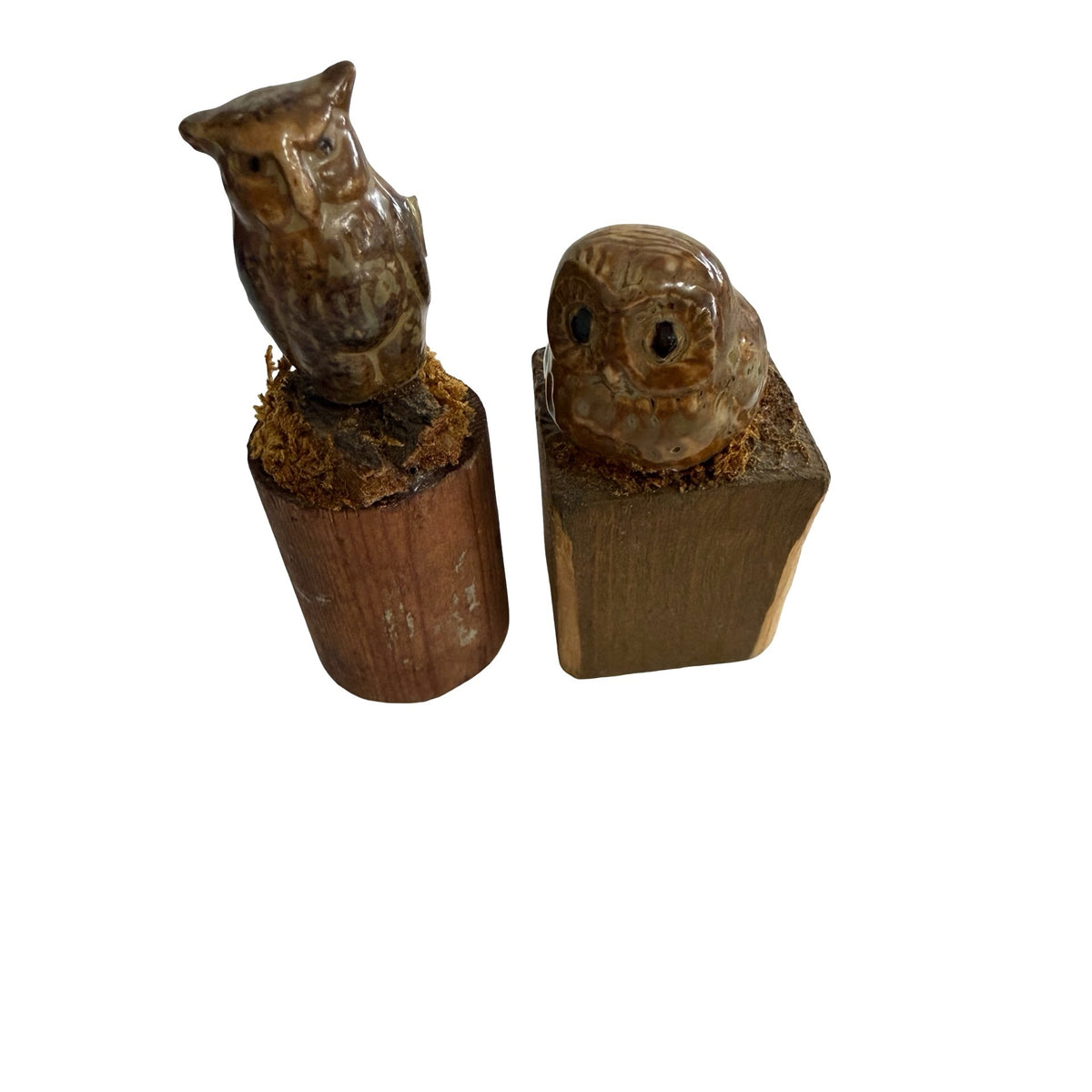 Vintage Studio Pottery Owl Figurines on Wood Bases Rustic Woodland Pair