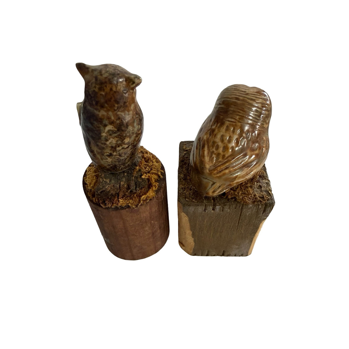 Vintage Studio Pottery Owl Figurines on Wood Bases Rustic Woodland Pair