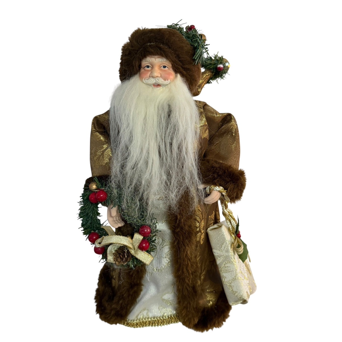 Vintage 16 Inch Santa Christmas Tree Topper Brown Gold Brocade Wreath Gift Bag