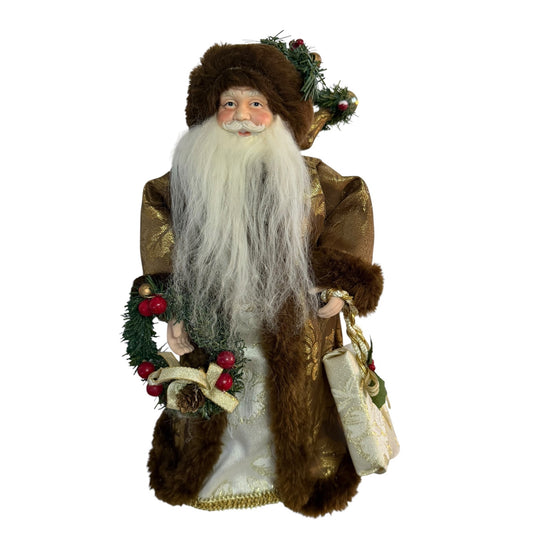 Vintage 16 Inch Santa Christmas Tree Topper Brown Gold Brocade Wreath Gift Bag
