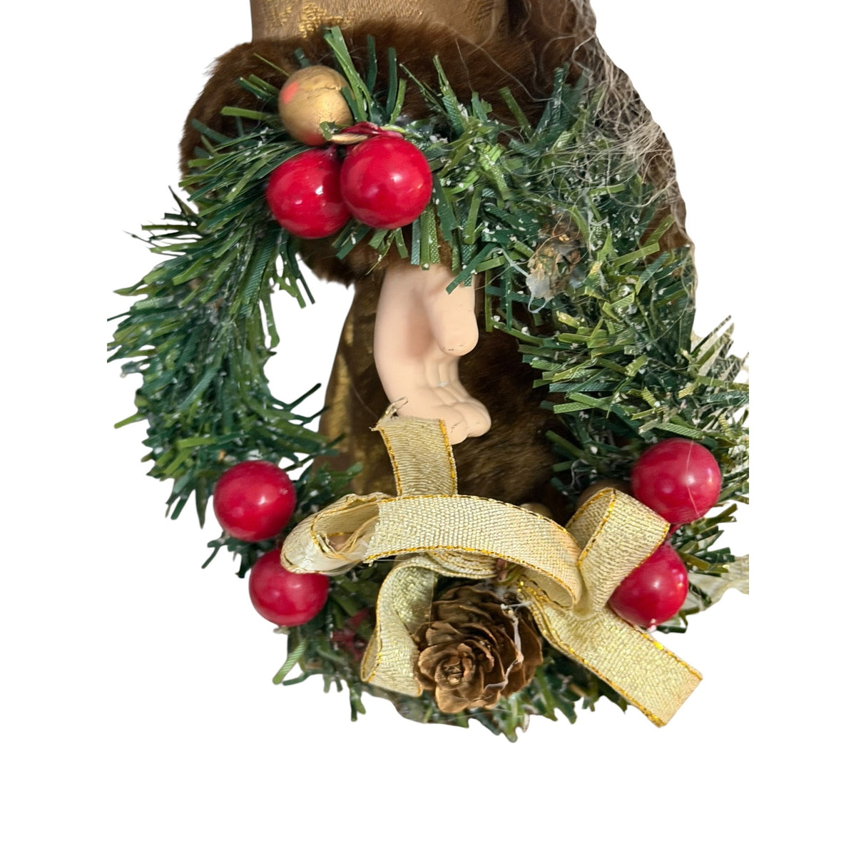 Vintage 16 Inch Santa Christmas Tree Topper Brown Gold Brocade Wreath Gift Bag