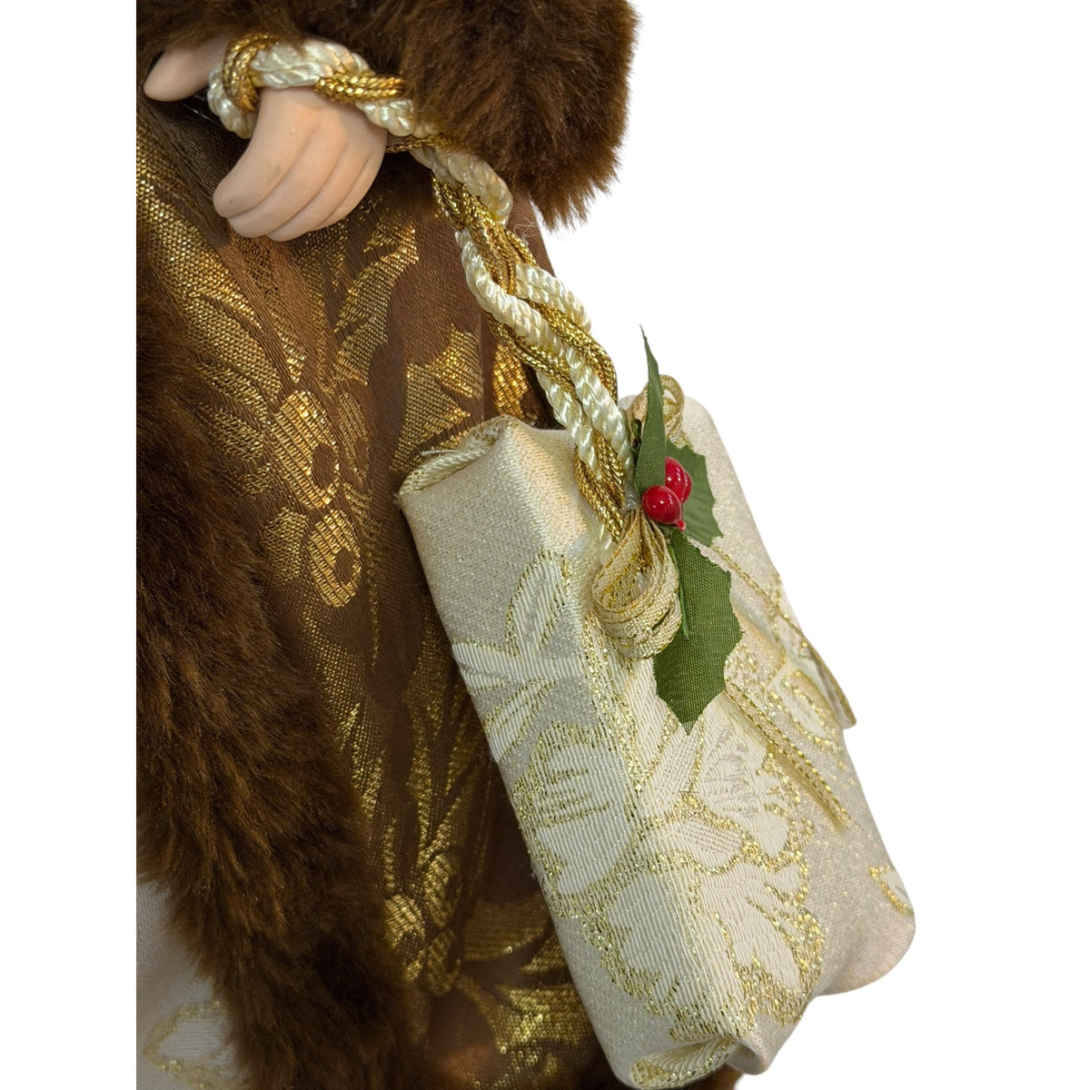 Vintage 16 Inch Santa Christmas Tree Topper Brown Gold Brocade Wreath Gift Bag