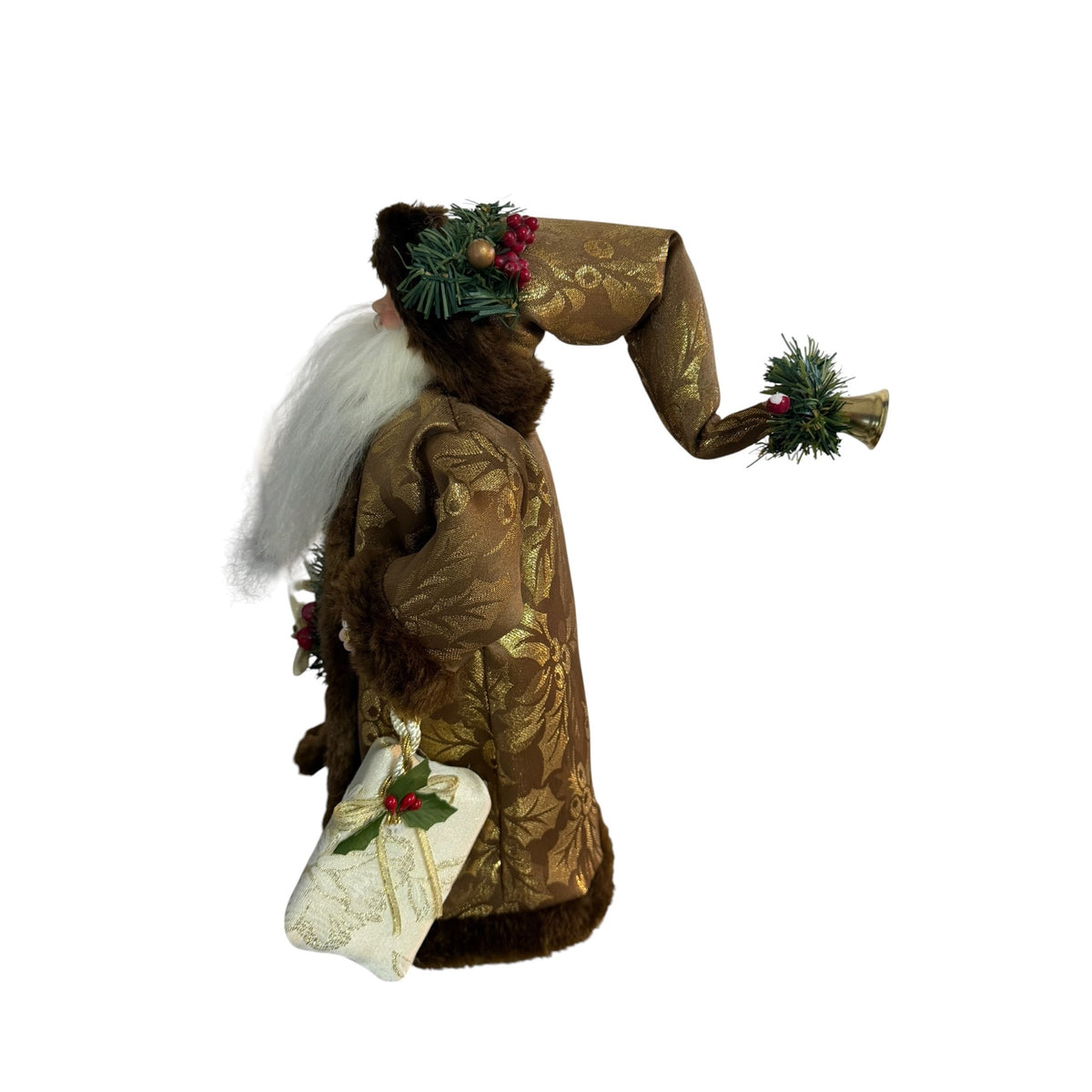 Vintage 16 Inch Santa Christmas Tree Topper Brown Gold Brocade Wreath Gift Bag