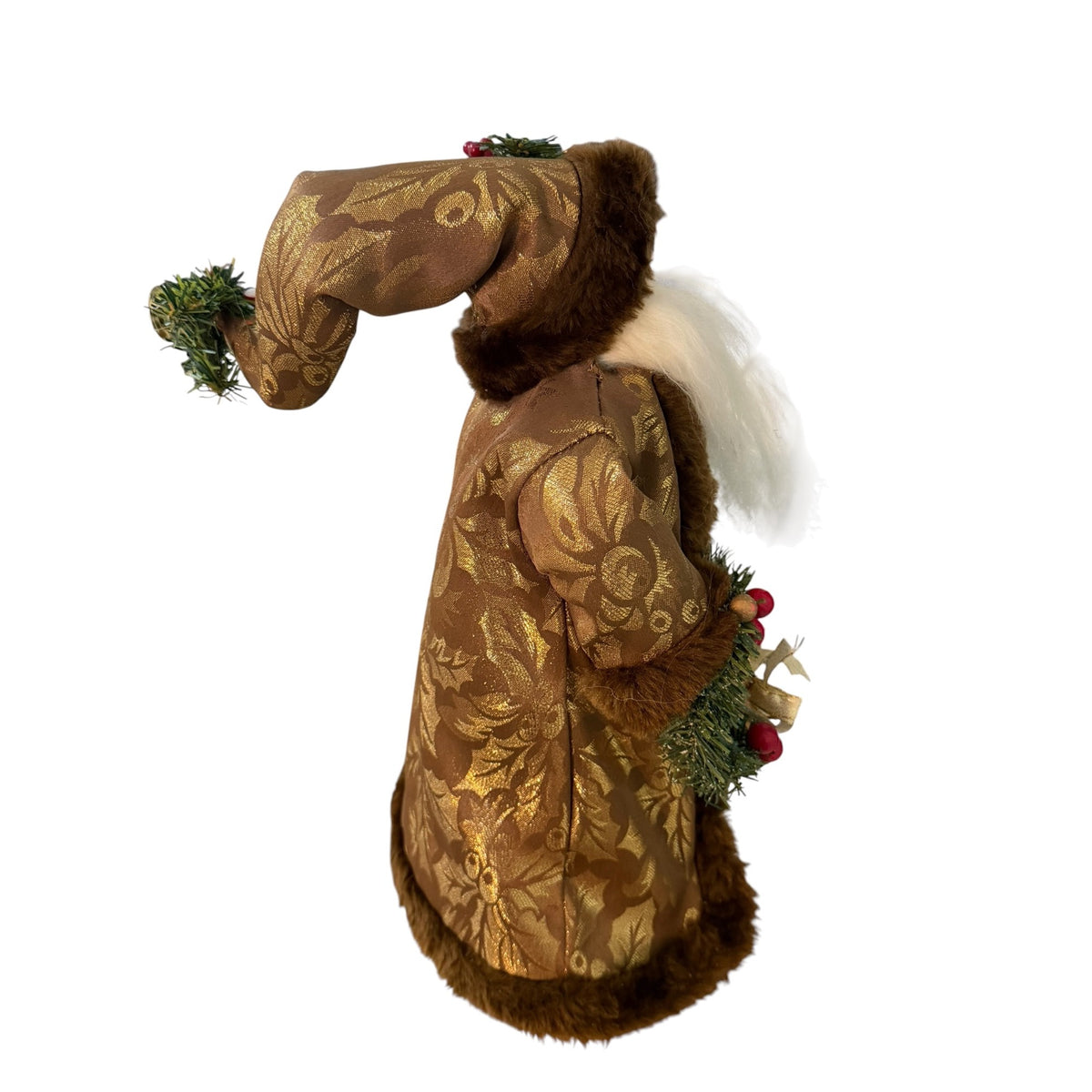 Vintage 16 Inch Santa Christmas Tree Topper Brown Gold Brocade Wreath Gift Bag