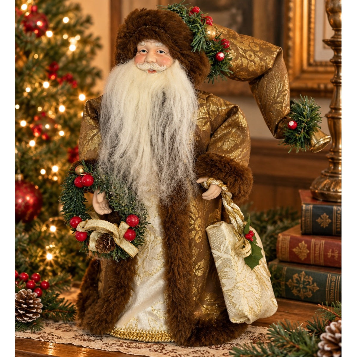 Vintage 16 Inch Santa Christmas Tree Topper Brown Gold Brocade Wreath Gift Bag